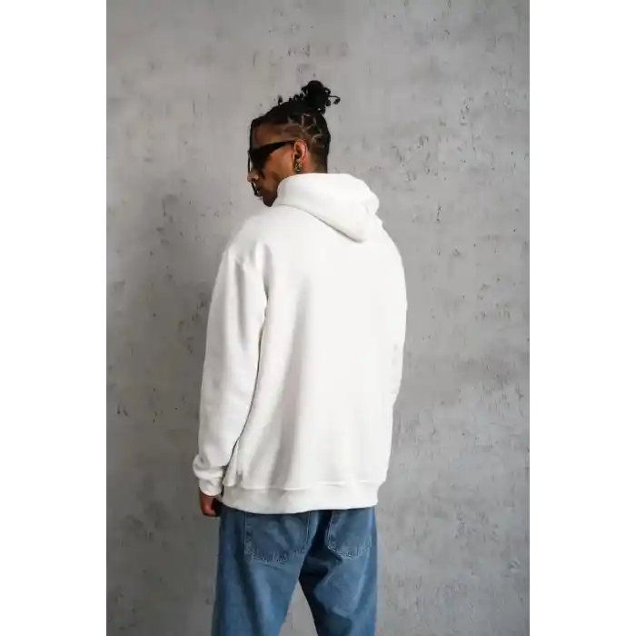 Erkek Oversize Kapüşonlu Sweatshirt – Beyaz Renk Üç İplik İçi Pamuklu Kanguru Cepli Baskılı Hoodie Rahat Kalıp Kışlık Günlük Kombinlere Uygun - Beyaz