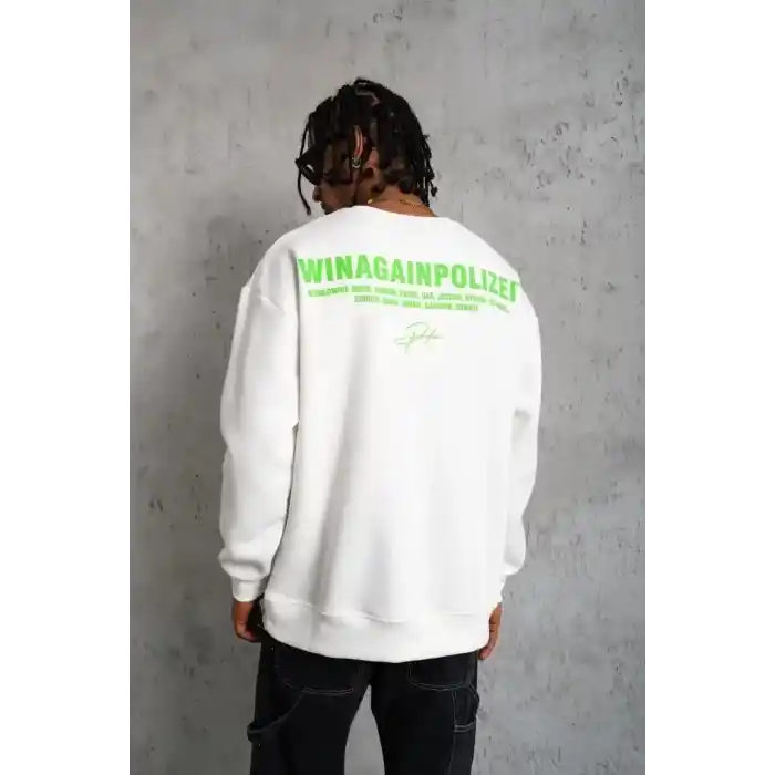 Erkek Oversize Sweatshirt – Beyaz Renk | Ön ve Sırt Baskılı, Üç İplik İçi Pamuklu Kumaş, Rahat Kalıp, Ribanalı Kışlık Sweat | Winagain Polizei Serisi - Beyaz