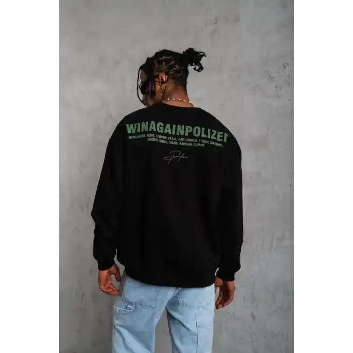 Erkek Oversize Sweatshirt – Siyah Renk | Ön ve Sırt Baskılı, Üç İplik İçi Pamuklu Kumaş, Rahat Kalıp, Ribanalı Kışlık Sweat | Winagain Polizei Serisi - Siyah