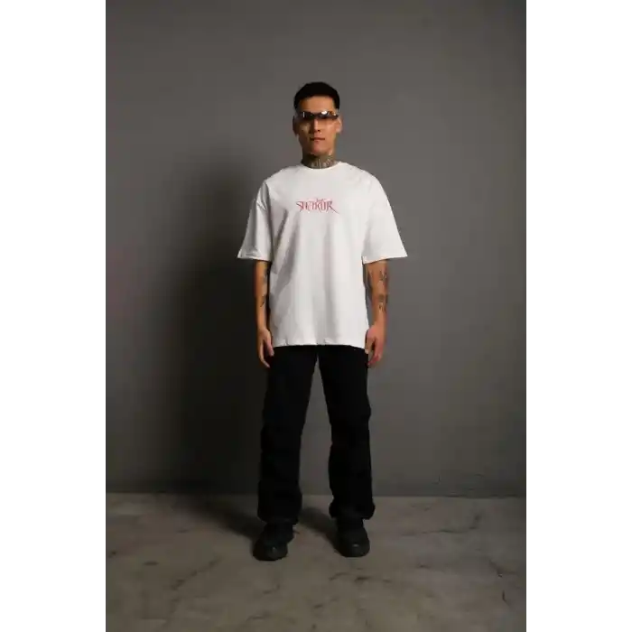 Erkek Oversize Tişört – Beyaz 24/1 Penye Kumaş, Bisiklet Yaka, Ön & Arka Baskılı, Streetwear Tarzı Rahat Büyük Kalıp T-Shirt- Beyaz