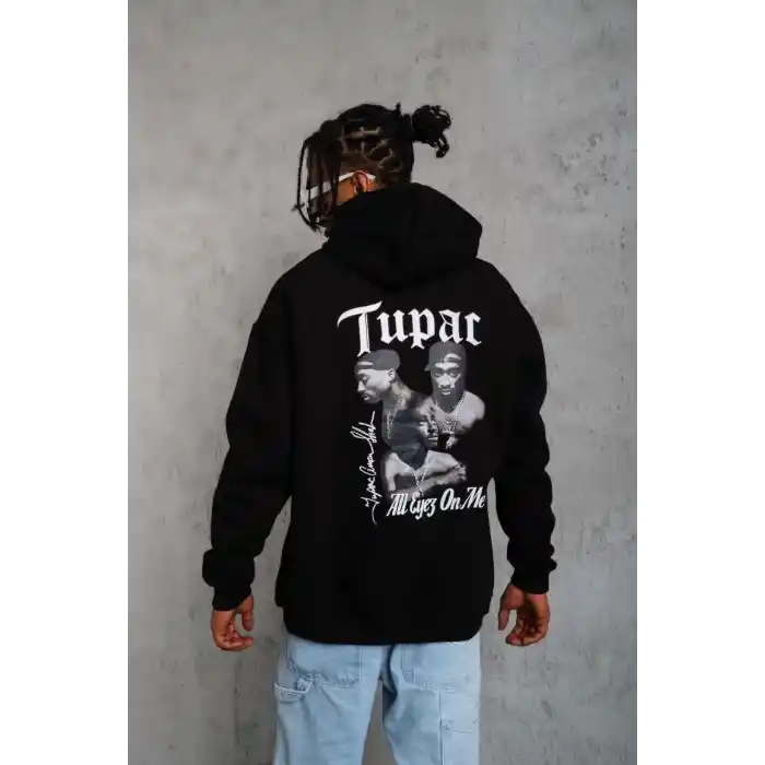 Erkek Oversize Üç İplik Kapüşonlu Sweat – Siyah Kol ve Etek Ribana Detaylı, Ön ve Sırt Baskılı, Kanguru Cepli Rahat Kalıp Model