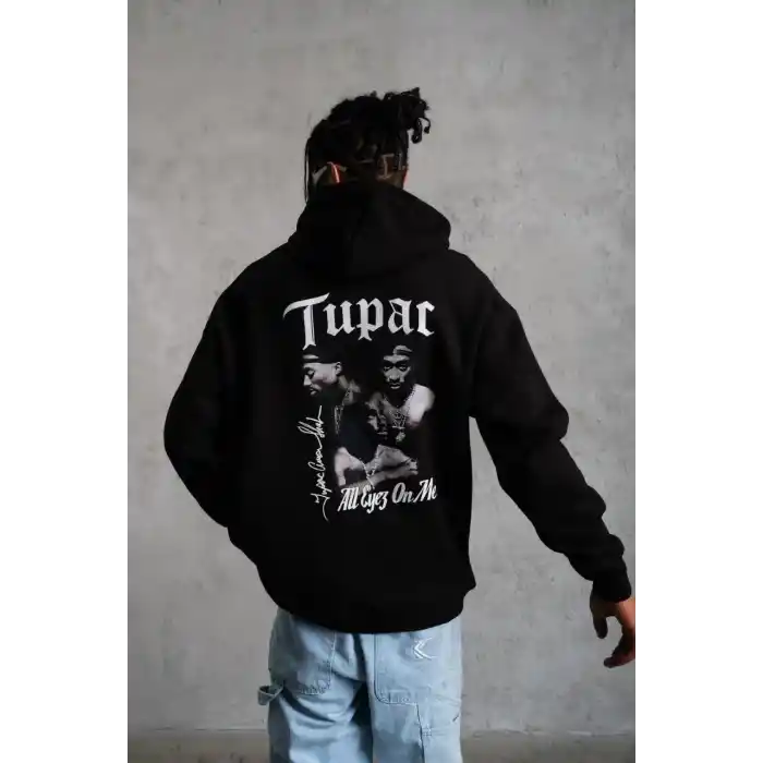 Erkek Oversize Üç İplik Kapüşonlu Sweat – Siyah Kol ve Etek Ribana Detaylı, Ön ve Sırt Baskılı, Kanguru Cepli Rahat Kalıp Model