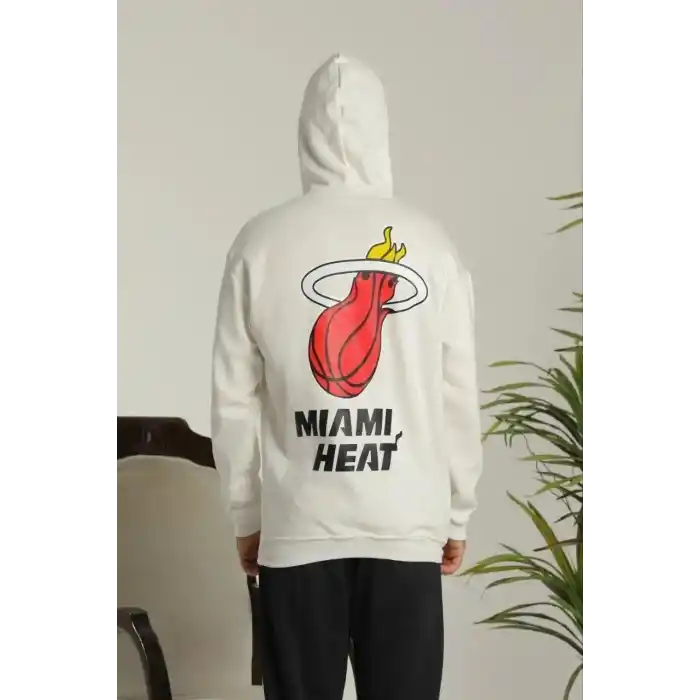 Erkek Oversize Üç İplik Kapüşonlu Sweatshirt –Sırt ve Ön Baskılı, Kanguru Cepli, Rahat Kalıp Maskot Desenli Model - Siyah Beyaz