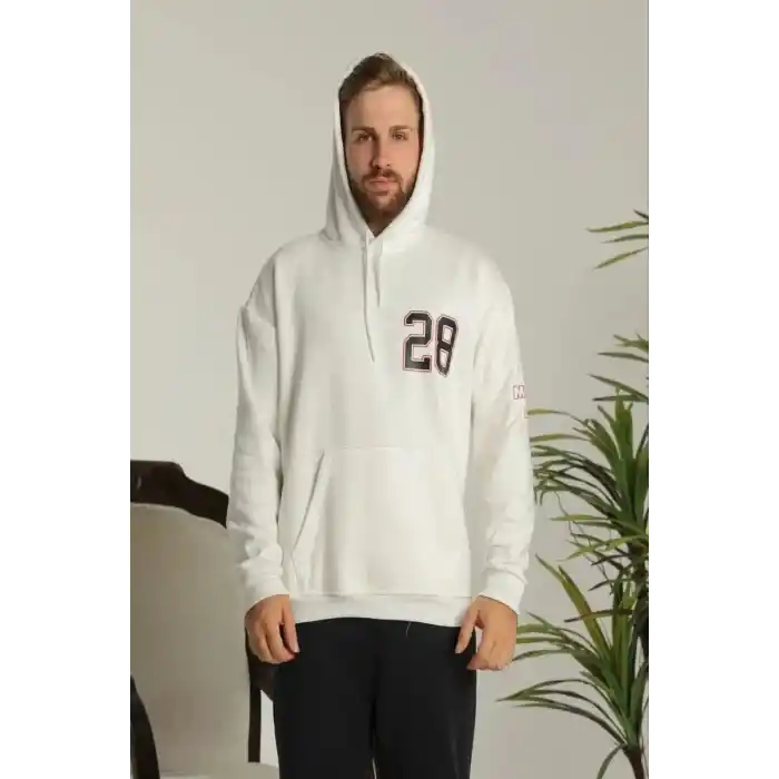 Erkek Oversize Üç İplik Kapüşonlu Sweatshirt –Sırt ve Ön Baskılı, Kanguru Cepli, Rahat Kalıp Maskot Desenli Model - Siyah Beyaz