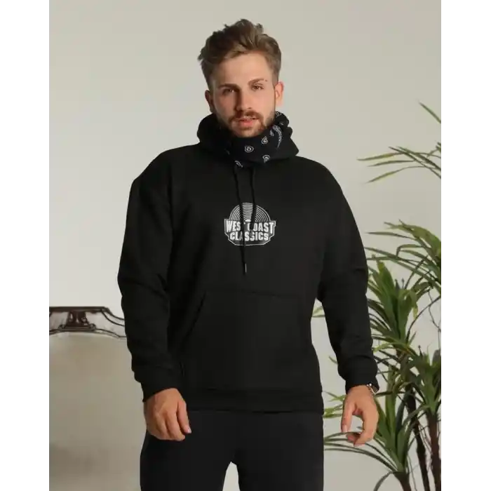 Erkek Oversize Üç İplik Kapüşonlu Sweatshirt – Siyah Sırt ve Ön Baskılı, Kanguru Cepli, Rahat Kalıp, İçi Pamuklu ModeL-Siyah