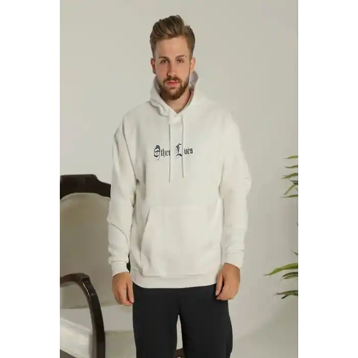 Erkek Oversize Üç İplik Şardonlu Kapüşonlu Sweatshirt – Beyaz “Other Lives” Ön ve Arka Baskılı, Kanguru Cepli, Ribanalı Rahat Kışlık Model Beyaz
