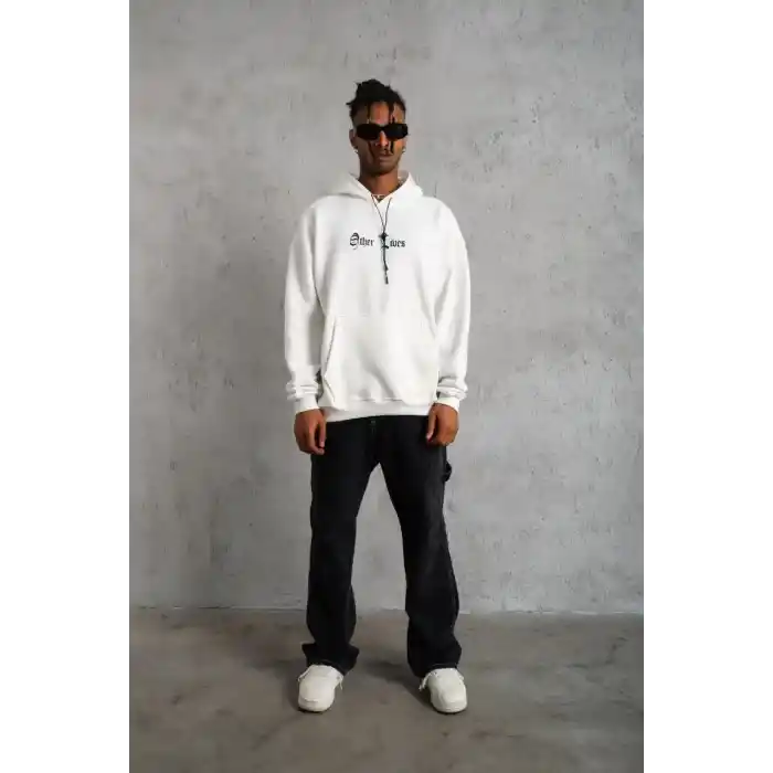 Erkek Oversize Üç İplik Şardonlu Kapüşonlu Sweatshirt – Beyaz “Other Lives” Ön ve Arka Baskılı, Kanguru Cepli, Ribanalı Rahat Kışlık Model Beyaz