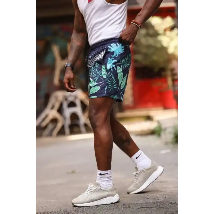 Erkek Palmiye Desenli Deniz Cepli Şort - Mavi