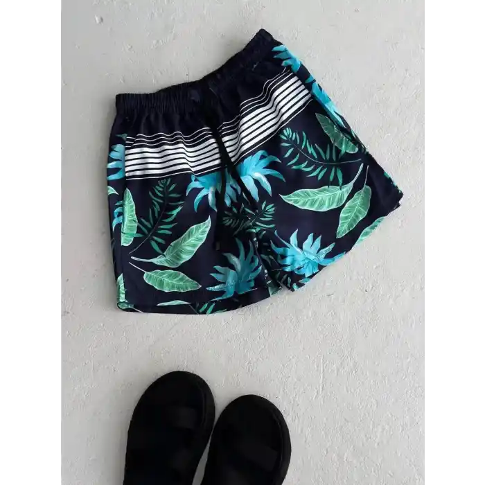 Erkek Palmiye Desenli Deniz Cepli Şort - Mavi