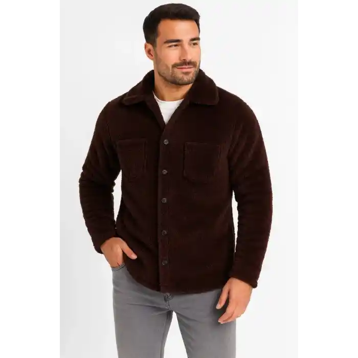 Erkek Pelüş Polar Hırka Gömlek – Yakalı, İlik Düğmeli, Göğüs Cepli, Yumuşak Dokulu Kışlık Regular Fit Rahat Günlük Model - Kahverengi