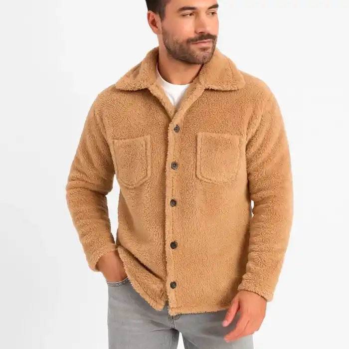 Erkek Pelüş Polar Hırka Gömlek – Yakalı, İlik Düğmeli, Göğüs Cepli, Yumuşak Dokulu Kışlık Regular Fit Rahat Günlük Model - Açık Kahve