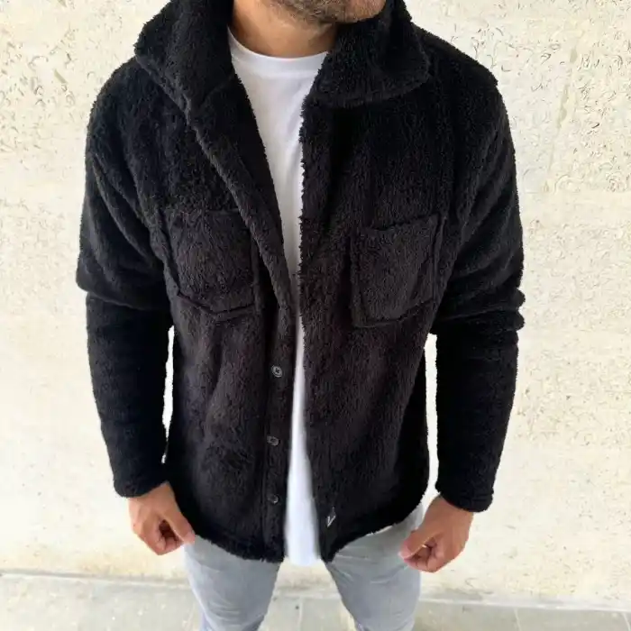 Erkek Pelüş Polar Hırka Gömlek – Yakalı, İlik Düğmeli, Göğüs Cepli, Yumuşak Dokulu Kışlık Regular Fit Rahat Günlük Model - Siyah