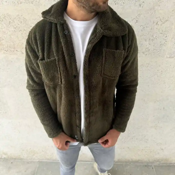 Erkek Pelüş Polar Hırka Gömlek – Yakalı, İlik Düğmeli, Göğüs Cepli, Yumuşak Dokulu Kışlık Regular Fit Rahat Günlük Model - Haki