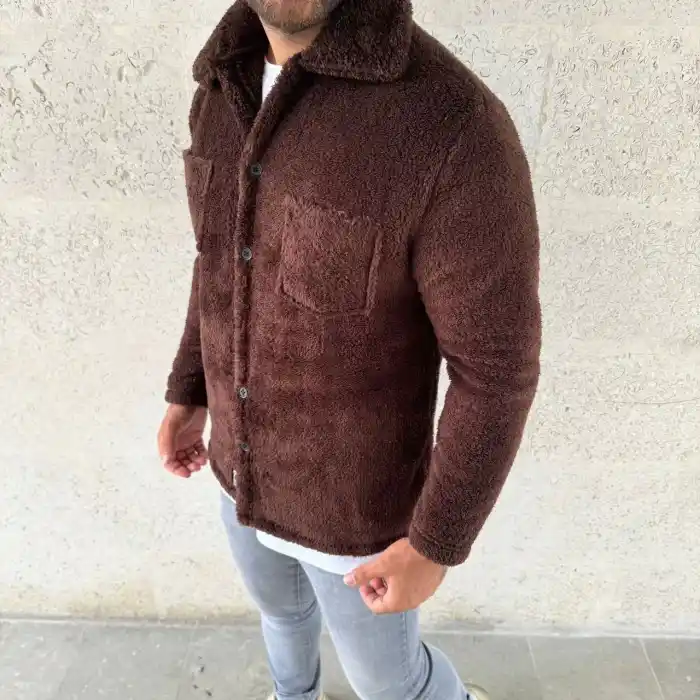 Erkek Pelüş Polar Hırka Gömlek – Yakalı, İlik Düğmeli, Göğüs Cepli, Yumuşak Dokulu Kışlık Regular Fit Rahat Günlük Model - Kahverengi