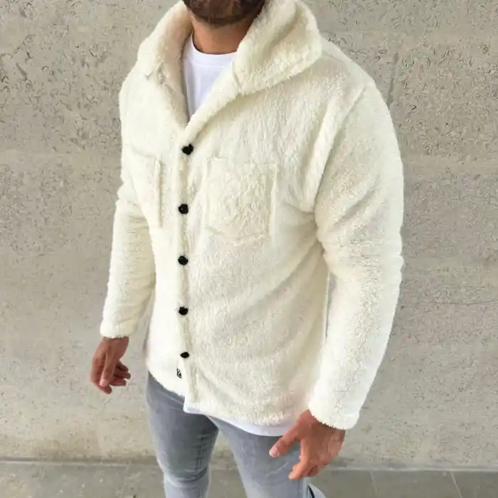 Erkek Pelüş Polar Hırka Gömlek – Yakalı, İlik Düğmeli, Göğüs Cepli, Yumuşak Dokulu Kışlık Regular Fit Rahat Günlük Model - Beyaz