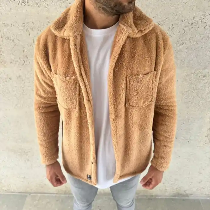 Erkek Pelüş Polar Hırka Gömlek – Yakalı, İlik Düğmeli, Göğüs Cepli, Yumuşak Dokulu Kışlık Regular Fit Rahat Günlük Model - Açık Kahve