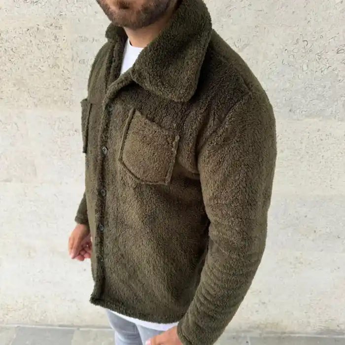 Erkek Pelüş Polar Hırka Gömlek – Yakalı, İlik Düğmeli, Göğüs Cepli, Yumuşak Dokulu Kışlık Regular Fit Rahat Günlük Model - Haki
