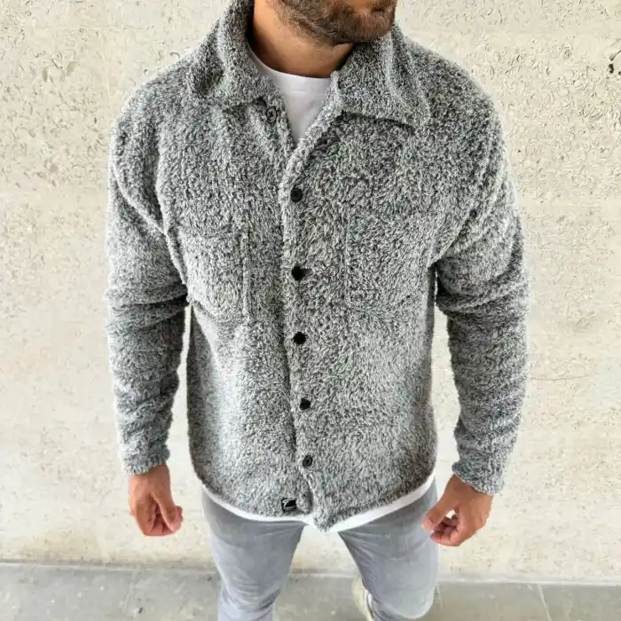 Erkek Pelüş Polar Hırka Gömlek – Yakalı, İlik Düğmeli, Göğüs Cepli, Yumuşak Dokulu Kışlık Regular Fit Rahat Günlük Model - Gri