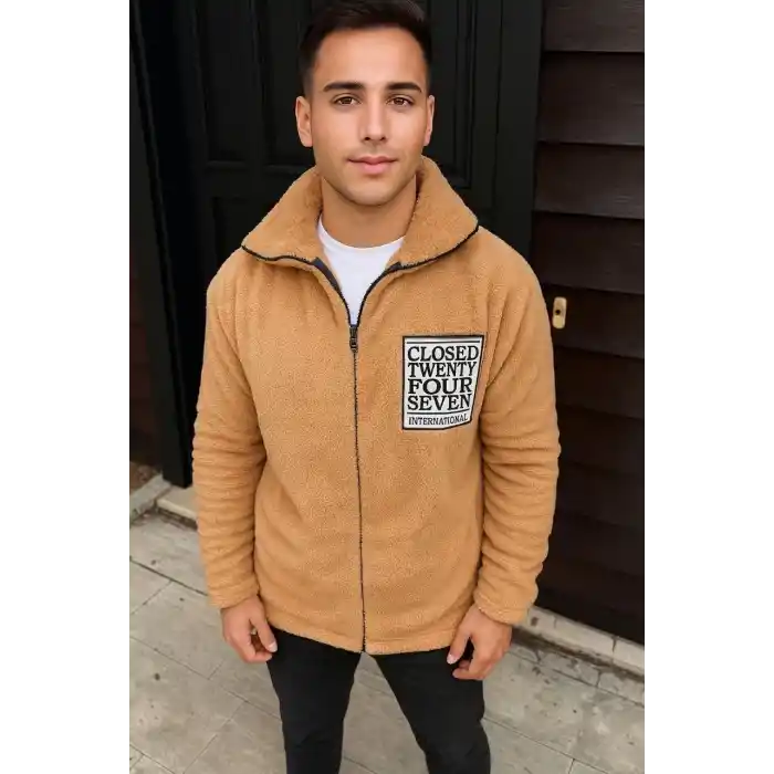 Erkek Polar Fermuarlı Sweatshirt – Kapüşonsuz, Cepli, Yumuşak Dokulu, Oversize Rahat Kalıp, Kışlık Sıcak Tutan Fermuarlı Üst - Kahverengi