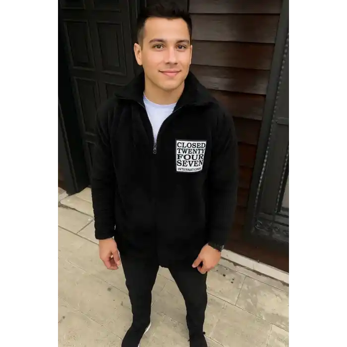 Erkek Polar Fermuarlı Sweatshirt – Kapüşonsuz, Cepli, Yumuşak Dokulu, Oversize Rahat Kalıp, Kışlık Sıcak Tutan Fermuarlı Üst - Siyah