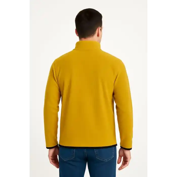 Erkek Polar Kazak – Dik Yaka, Yarım Fermuarlı, Fermuarlı Göğüs Cepli, Siyah Biyeli, Kışlık Rahat Regular Fit Günlük Model - Sarı