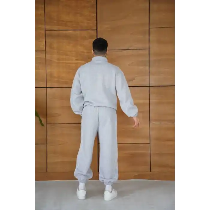 Erkek Premium Parçalı Eşofman Takım - Dik Yaka Fermuarlı Biyeli Sweatshirt Lastik Paça Alt, Oversize 3 iplik Şardonlu - Gri