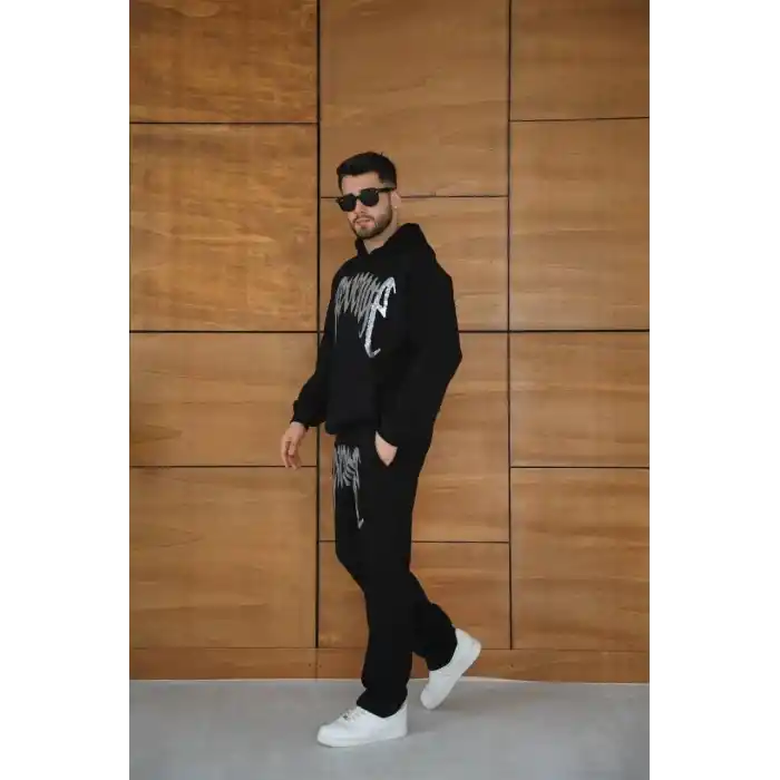Erkek Premium Taş Baskılı Eşofman Takım Revenge Model (Siyah) Kapüşonlu Üst + Taşlı Baskılı Alt Modern Streetwear Tarzı Oversize Rahat Kalıp 3 iplik Pamuklu - Siyah