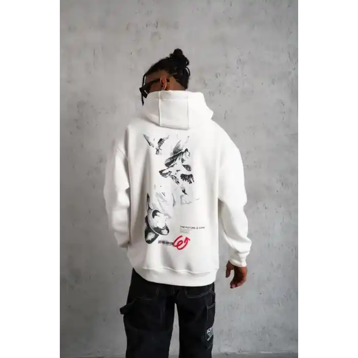 Erkek Şapkalı Güvercin Baskılı Kapşonlu Sweat - Beyaz