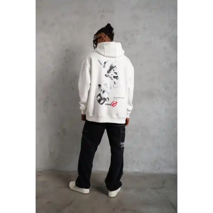 Erkek Şapkalı Güvercin Baskılı Kapşonlu Sweat - Beyaz