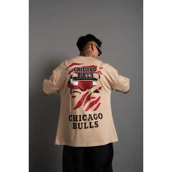 Erkek Sırt Baskılı A Kalite Oversize T-shirt - Bej