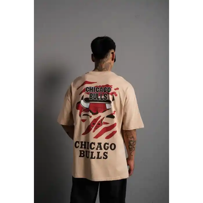 Erkek Sırt Baskılı A Kalite Oversize T-shirt - Bej