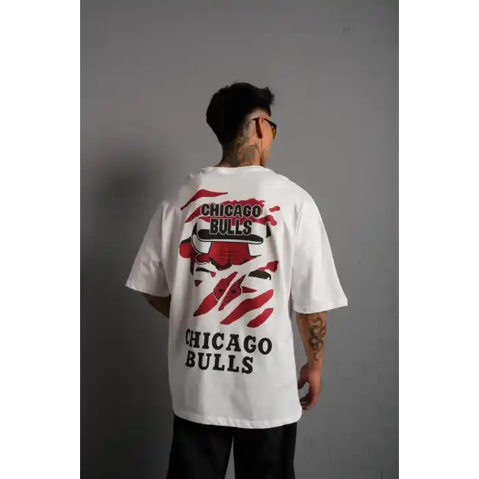 Erkek Sırt Baskılı A Kalite Oversize T-shirt - Beyaz