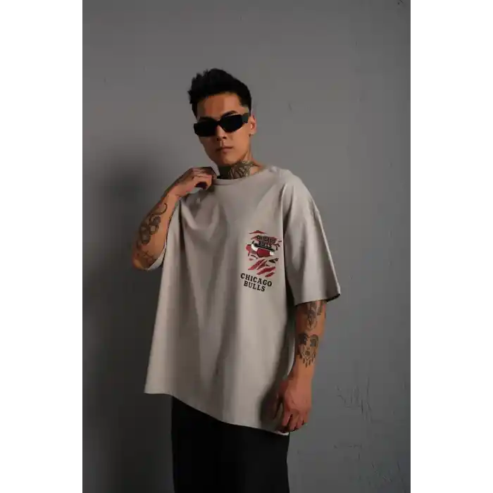 Erkek Sırt Baskılı A Kalite Oversize T-shirt - Gri