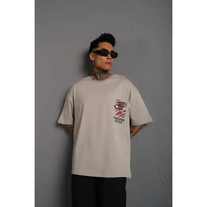 Erkek Sırt Baskılı A Kalite Oversize T-shirt - Gri