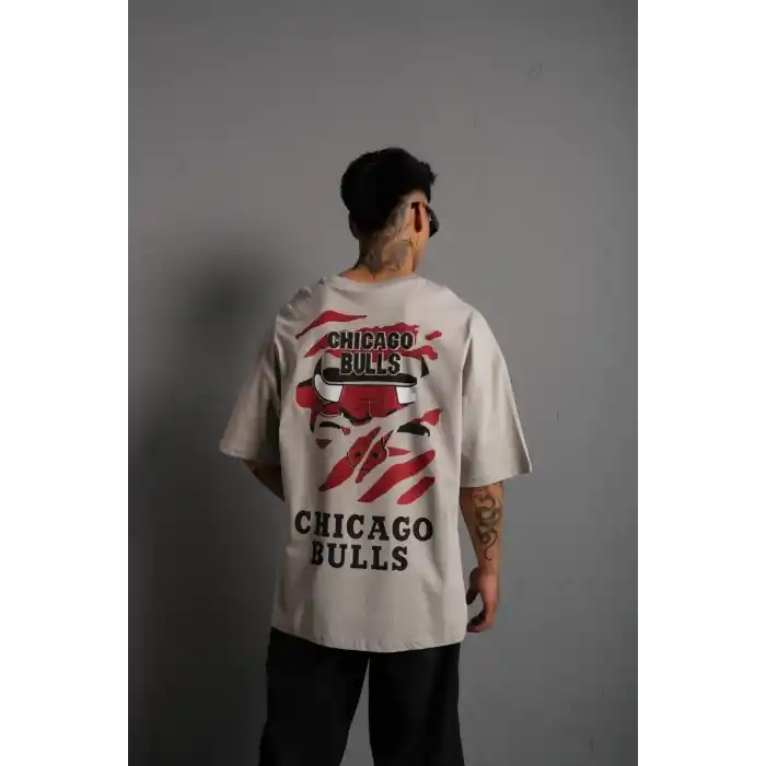 Erkek Sırt Baskılı A Kalite Oversize T-shirt - Gri