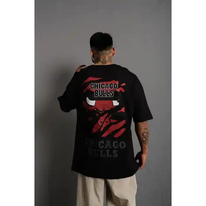 Erkek Sırt Baskılı A Kalite Oversize T-shirt - Siyah