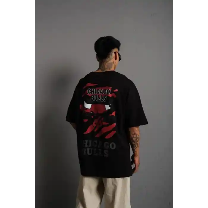 Erkek Sırt Baskılı A Kalite Oversize T-shirt - Siyah