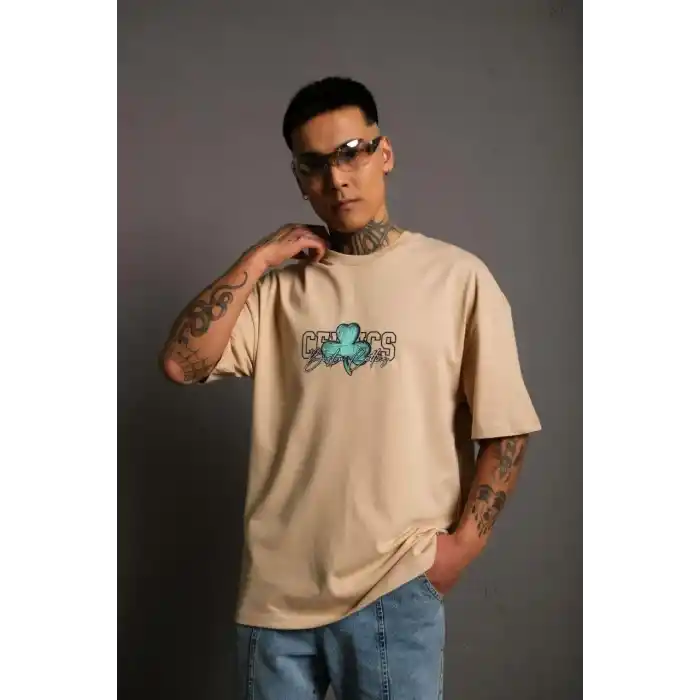 Erkek Sırt Baskılı T-shirt - Bej