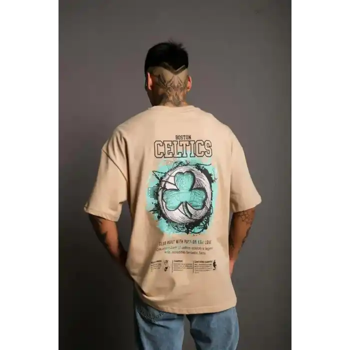 Erkek Sırt Baskılı T-shirt - Bej