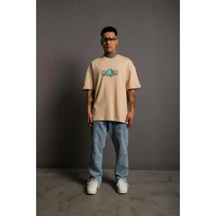 Erkek Sırt Baskılı T-shirt - Bej