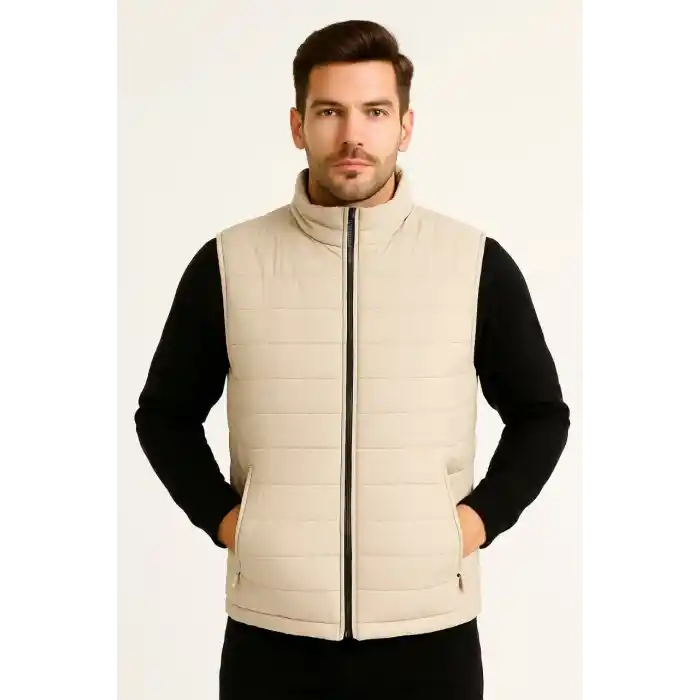 Erkek Şişme Fermuarlı Yelek Su itici Kapitone Astarlı Kumaş Cepli Hafif Kışlık Spor Rahat Kalıp -Bej