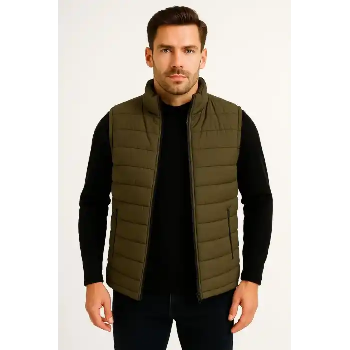 Erkek Şişme Fermuarlı Yelek Su itici Kapitone Astarlı Kumaş Cepli Hafif Kışlık Spor Rahat Kalıp - Haki