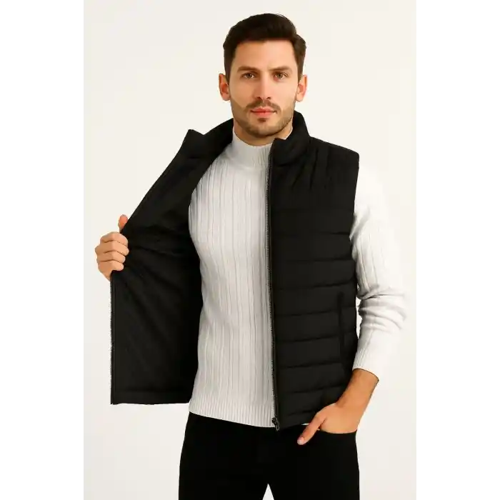 Erkek Şişme Fermuarlı Yelek Su itici Kapitone Astarlı Kumaş Cepli Hafif Kışlık Spor Rahat Kalıp - Siyah