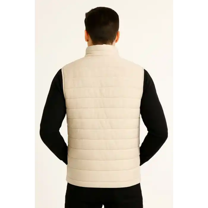 Erkek Şişme Fermuarlı Yelek Su itici Kapitone Astarlı Kumaş Cepli Hafif Kışlık Spor Rahat Kalıp -Bej