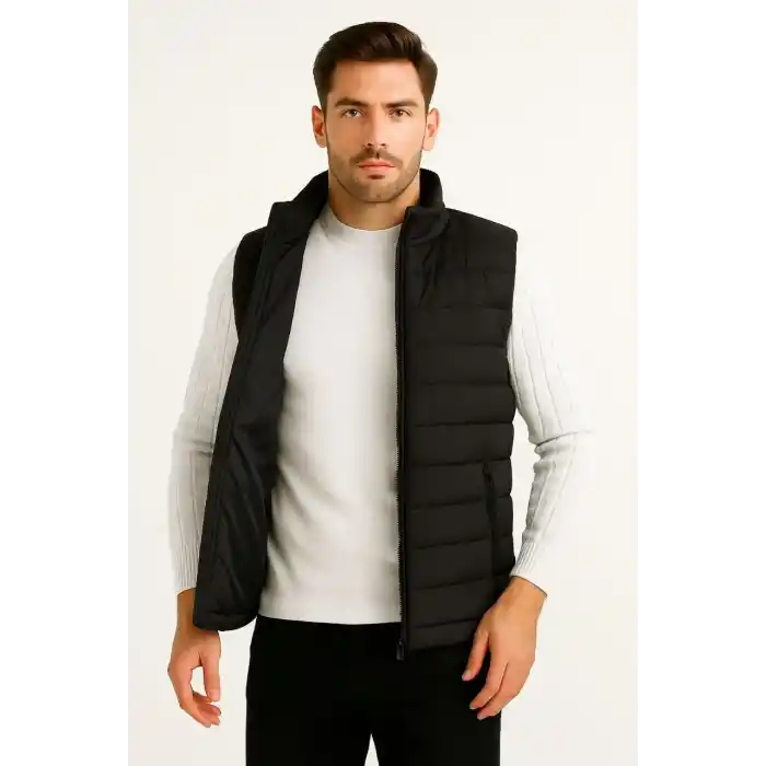 Erkek Şişme Fermuarlı Yelek Su itici Kapitone Astarlı Kumaş Cepli Hafif Kışlık Spor Rahat Kalıp - Siyah