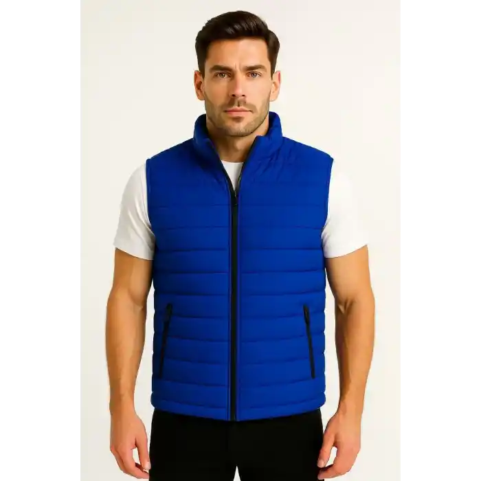 Erkek Şişme Fermuarlı Yelek Su itici Kapitone Astarlı Kumaş Cepli Hafif Kışlık Spor Rahat Kalıp - Saks Mavisi