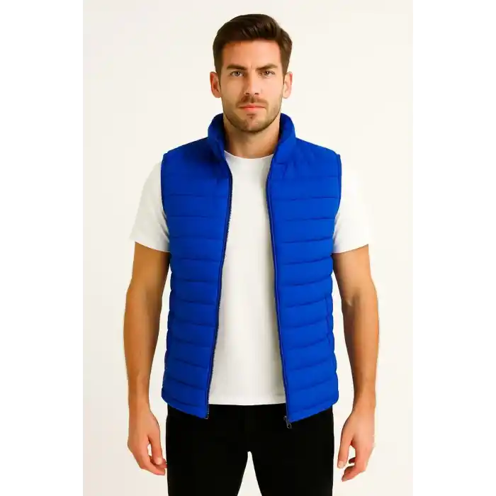 Erkek Şişme Fermuarlı Yelek Su itici Kapitone Astarlı Kumaş Cepli Hafif Kışlık Spor Rahat Kalıp - Saks Mavisi