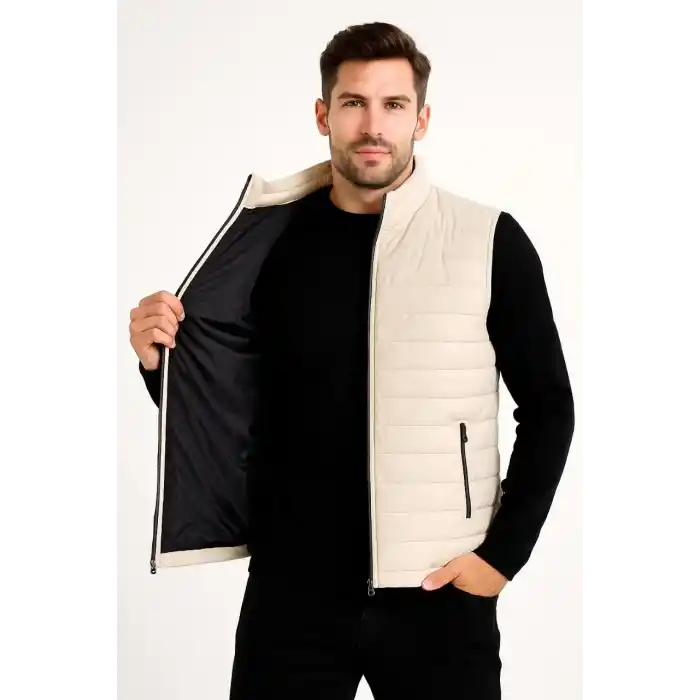 Erkek Şişme Fermuarlı Yelek Su itici Kapitone Astarlı Kumaş Cepli Hafif Kışlık Spor Rahat Kalıp -Bej