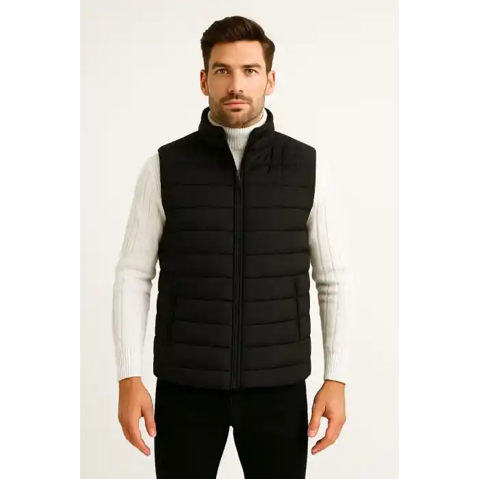 Erkek Şişme Fermuarlı Yelek Su itici Kapitone Astarlı Kumaş Cepli Hafif Kışlık Spor Rahat Kalıp - Siyah