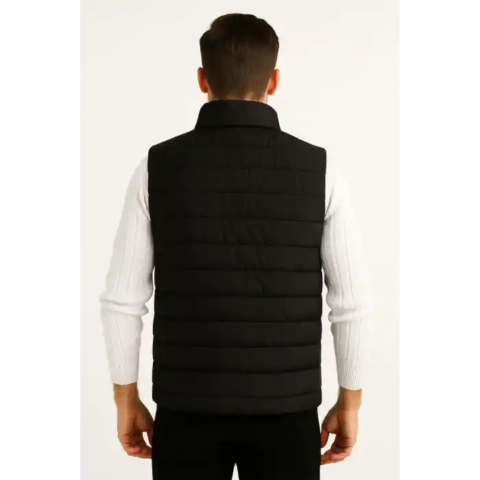 Erkek Şişme Fermuarlı Yelek Su itici Kapitone Astarlı Kumaş Cepli Hafif Kışlık Spor Rahat Kalıp - Siyah